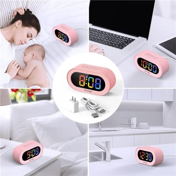 Pink Girls Alarm Clock, Dimmable Colorful LED Digital Display, USB Phone Charger - Picture 7 of 7